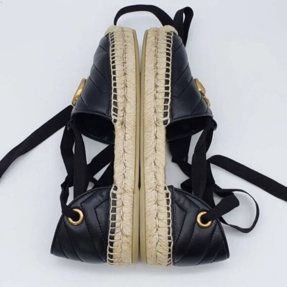 Authentic Gucci GG Marmont Espadrille Sandals Black Leather Gold Logo Brand New